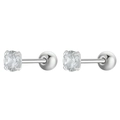 Minimalist silver screw back stud earrings with four-prong round zircon stones - 1 Pair / 4# (11703) / Shiny Silver White