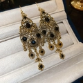 Close-up of vintage flower earrings with black gemstones in a jewelry box - 15# Ear Hook-Gold Rhinestone Gourd Round Style