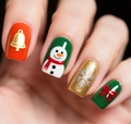 Detail of Christmas nail press-on with 3D red bow, snowman art and gold bell design - Christmas Snowman Bow Style (CW760) / 24Pcs Set (Includes Jelly Glue + File)