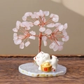 Pink crystal wealth tree ornament with lucky cat figure on agate slice base - Rose Quartz Style (Random Lucky Cat)