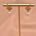 Vintage 925 silver wire wrapped earrings with drop pearl and green gemstones - Geometric Emerald Lace Studs