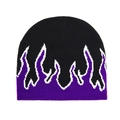 Bonnet en maille noir et violet avec motif de flammes et contours blancs vue à plat - Flamme Violette
