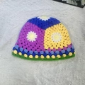 Handmade crochet bucket hat with colorful flower patterns and purple knit design - M (56-58cm) / Daisy Yellow Green Edge