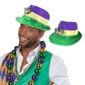 Ensemble chapeau à paillettes Mardi Gras et colliers de perles violet vert et or - Taille unique / Chapeau de jazz style flèche A et chaîne de perles