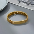 Elegant gold titanium link bracelet featuring a flat rectangular bar for custom engraving - 10mm Gold Curved Three Beads