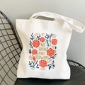 Detail of canvas tote bag with butterfly flower print and No Rain No Flowers quote - Colorful Plant-R34