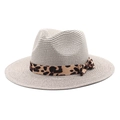 Detail of summer straw fedora hat featuring leopard print ribbon and bow decoration - M (56-58cm) / Gray