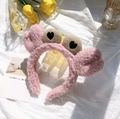 Pink plush strawberry bear headband with heart-shaped eyes for washing face and makeup - Hair Hoop-Pink Crab