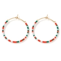 Detail of bohemian hoop earrings with red, white and green seed beads on gold wire - Red Green White