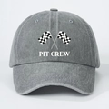 Vintage gewaschene graue Baumwoll-Baseballkappe mit Rennflagge und PIT CREW Druck - Grau