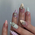 Sweet almond stiletto press-on nails with colorful stripes and sparkling silver stars - Colored Stripe Star Style(JP4232)