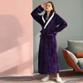 Plush violet flannel bathrobe for couples featuring white trim and matching waist belt - Purple (Women)
