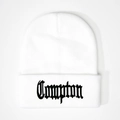 White Compton knitted beanie with black 3D Gothic embroidery in a hip-hop street style - One Size / White