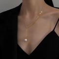 Elegant 18K rose gold plated Y-necklace featuring leaf accents and a white pearl pendant - Wheat Ear Artificial Pearl Style (8842) / Gold