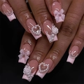Handmade nude pink french press-on nails with white pearls, bows and rose 3D art - Rectangle / Nude Pearl Bowknot Rose (XD-93-43)