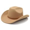 Classic camel wide brim wool cowboy hat with brown leather band and metal side eyelets - M (56-58cm) / Camel