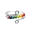 Rainbow bead anxiety ring featuring seven colorful stones on a silver wire band - Silver 8 Colorful Beads