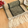 Beige and black cotton linen table runner with elegant knotted tassels for decor - Wide Stripe Black Coffee - Knotted Tassels / 30*50cm