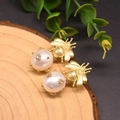 Golden bee stud earrings with large white pearls and floral zircon accents for women - Natural Pearl Style