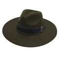 Detail of dark green wide-brim wool fedora hat with contrast stitching and metal buckle - Army Green Heart (Black Wide Leather)