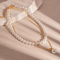 Conjunto de collar de doble capa chapado en oro con perlas geométricas y cadena de bolas finas - Juego de 2 Piezas Collar de Perlas de 4mm