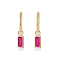 Detailed close-up of 18K gold earrings with rectangular pink zircon drop pendants - Rectangular Pink Gemstone Gold Pendant / Gold/Pink