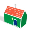 Linda caja de regalo con forma de casa verde con techo naranja y cinta blanca - Pared Verde Techo Rojo