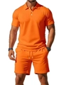 Detail of men's orange waffle knit short sleeve Polo shirt and drawstring shorts set - S / Orange