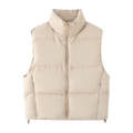 Fashionable beige stand-collar sleeveless puffer vest with adjustable drawstring hem - XS / Off White