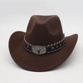 Dark brown felt cowboy hat featuring a vintage bull head metal buckle and star rivets - One Size (57cm) / Coffee