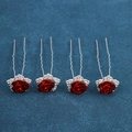 Detail of four U-shaped hair pins with red rose flowers and sparkling star-shaped crystals - Red Rose Star Rhinestone Style (FZ-001) / 4Pcs Set / Red