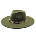 Deep green wool fedora hat with a decorative bold gold chain band for women - One Size 58cm / Army Green