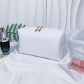 White textured faux leather cosmetic bag featuring elegant golden double zippers - Medium / White