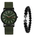 Détail de la montre en nylon vert armée et bracelet en pierre volcanique avec haltère - Vert + Bracelet