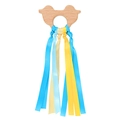 Colorful beech wood baby teether ring with bright blue and yellow silk ribbons - Car