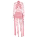 Pink lace patchwork bodysuit set with halter top and pleated mini skirt for women - S / Pink