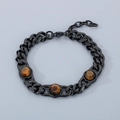 Gold-plated stainless steel Cuban link bracelet featuring three brown faceted gemstones - Black Tiger Eye Style (KB184844-AQ)