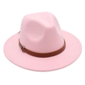 Detail of light pink fedora hat with a dark brown leather band and silver metal buckle - Pink