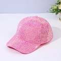 Close-up of sparkling pink rhinestones on a stylish handmade diamond baseball cap - Adjustable / Pink