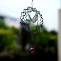 3D hummingbird wind spinner in colorful metal with a faceted red crystal ball pendant - Iridescent Hummingbird Drop