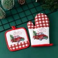 Red buffalo check Christmas oven mitt and pot holder set with vintage truck design - Car