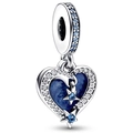 Silver heart charm with blue starry enamel, clear zircons, and dangling star detail - Dark Blue Starry Heart (003)