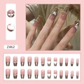 Faux ongles longs métalliques style français avec cœurs chromés et base rose gelée - 24 Pièces/Ensemble / Cœur de Diamant (Z462) [Type de Colle]