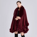 Elegant wine red knitted poncho with faux rabbit fur trim and relaxed fit design - Burgundy