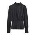 Elegante schwarze Satinbluse mit Langarm, rückenfrei und feinen Plissee-Details - XS / Schwarz