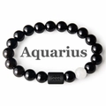Bracelet Verseau en perles d'agate noire avec une pierre blanche gravée unique - Verseau (Type 02)
