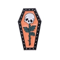 Gothic coffin enamel pin featuring a white skull rose on a bright orange background - Skull Rose Coffin Style (xz8564)