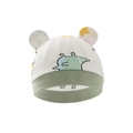 White cotton baby hat with green trim and dinosaur print featuring cute animal ears - Colorful Big Dinosaur Hat
