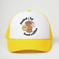 Yellow and white trucker hat featuring fueled by iced coffee print and mesh back - One Size / Yellow