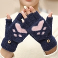 Winter knitted thermal flip-top gloves in dark blue with pink cat paw design and button - Half Finger Flip Top / Navy Blue with Cat Claw